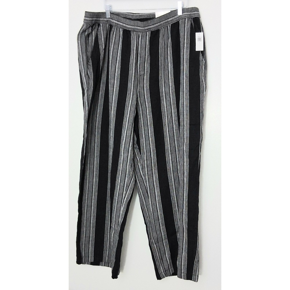 Old Navy Pamts Women's XL Black High-Waisted Linen-Blend Wide-Leg Striped Pullon